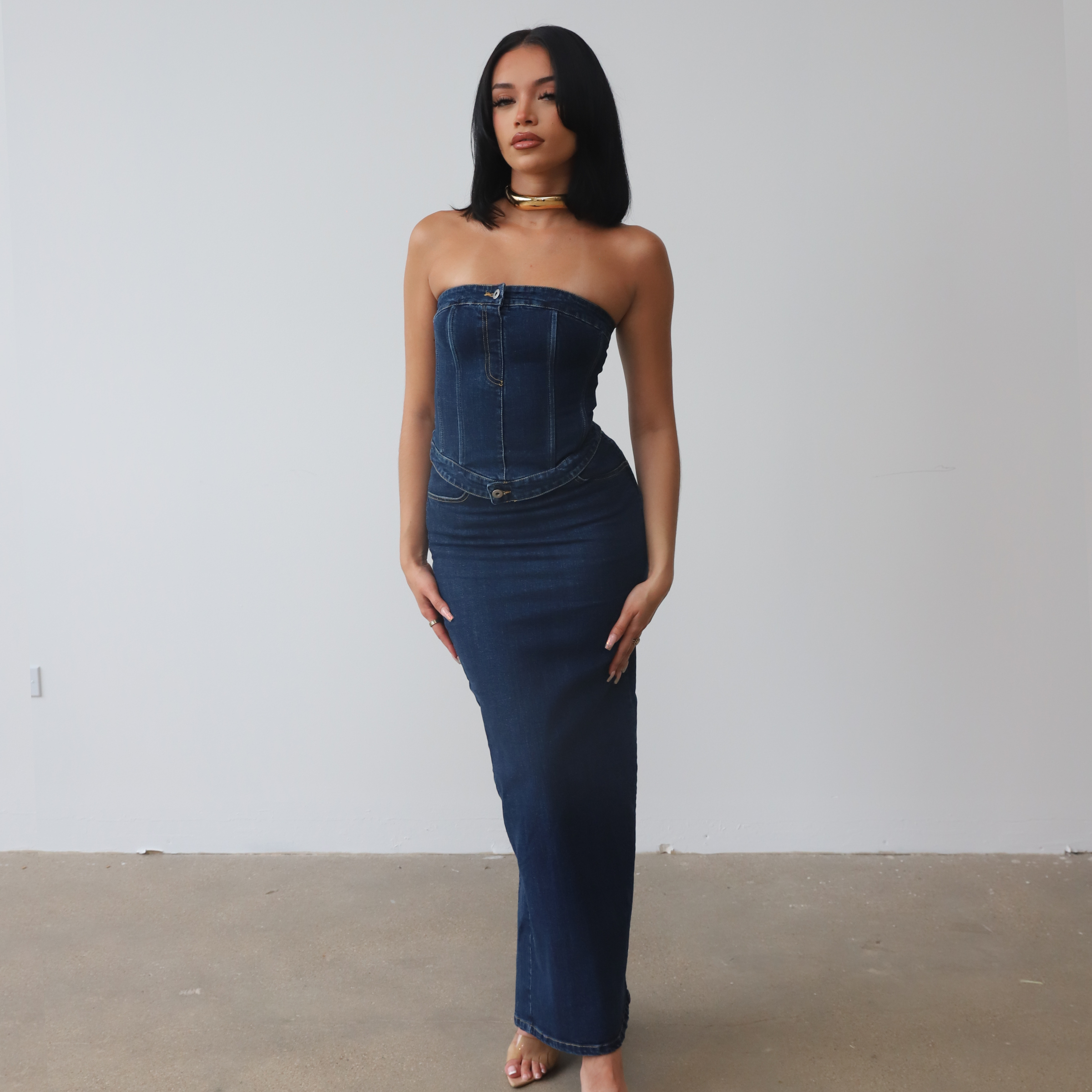 Stretch Denim Maxi Skirt and Bustier Set