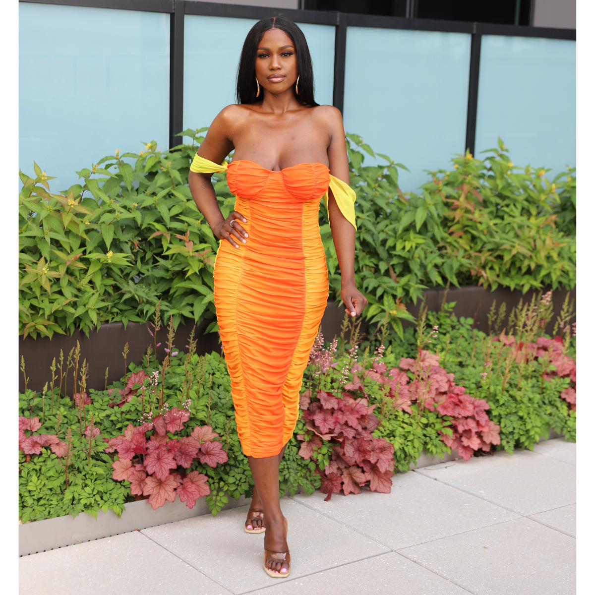 Orange Ombre Ruched Midi Dress