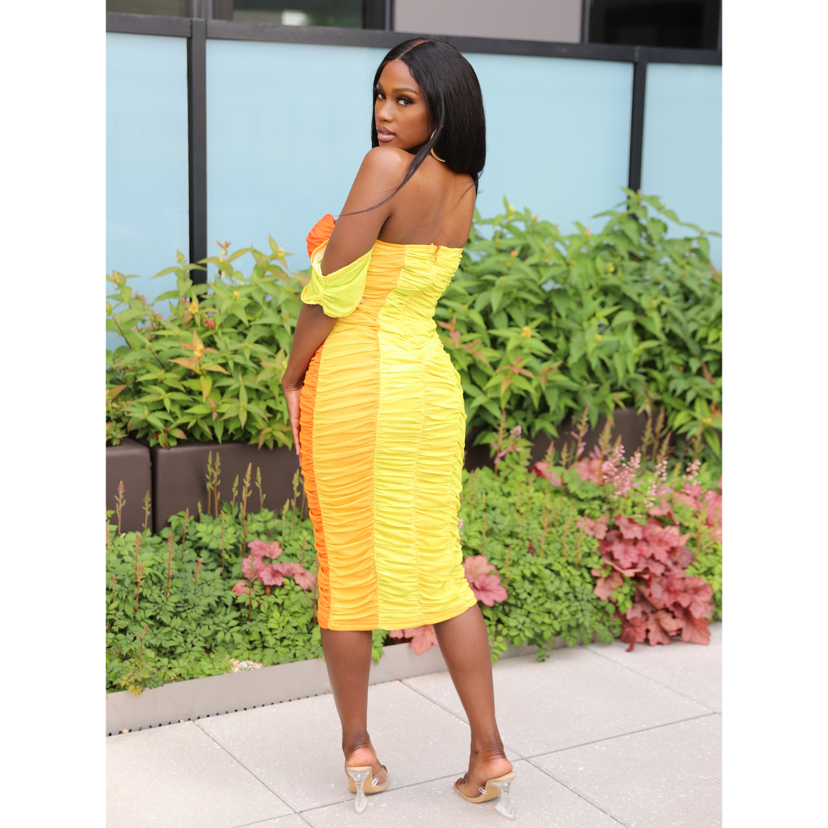 Orange Ombre Ruched Midi Dress