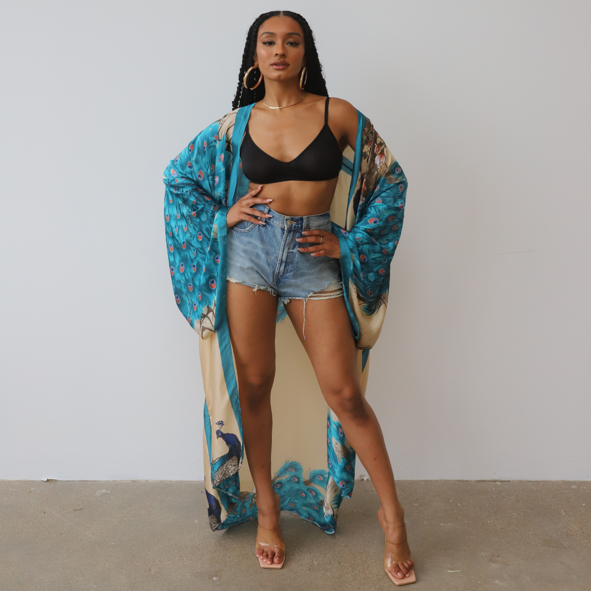 Posh Peacock Printed Kimono (Blue)