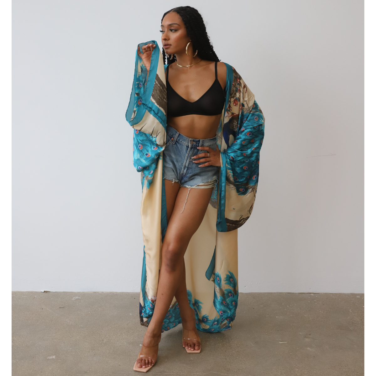Posh Peacock Printed Kimono (Blue)