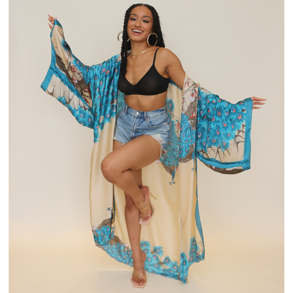 Posh Peacock Printed Kimono (Blue)