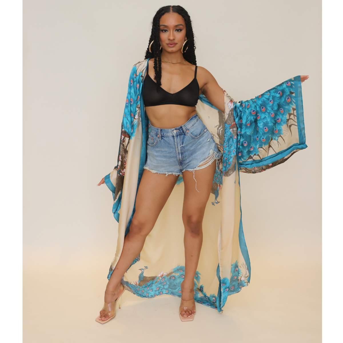 Posh Peacock Printed Kimono (Blue)