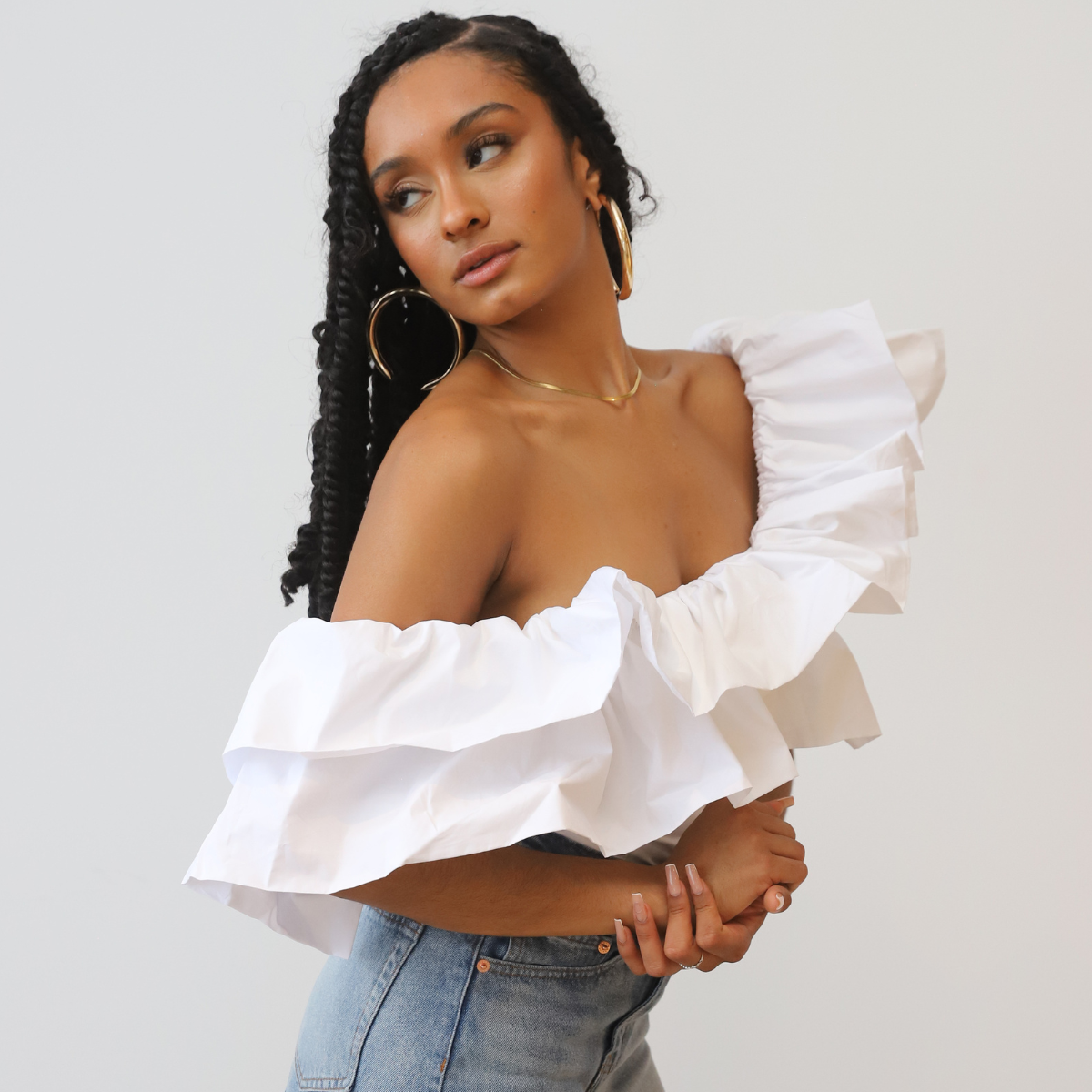 White frill top one shoulder top