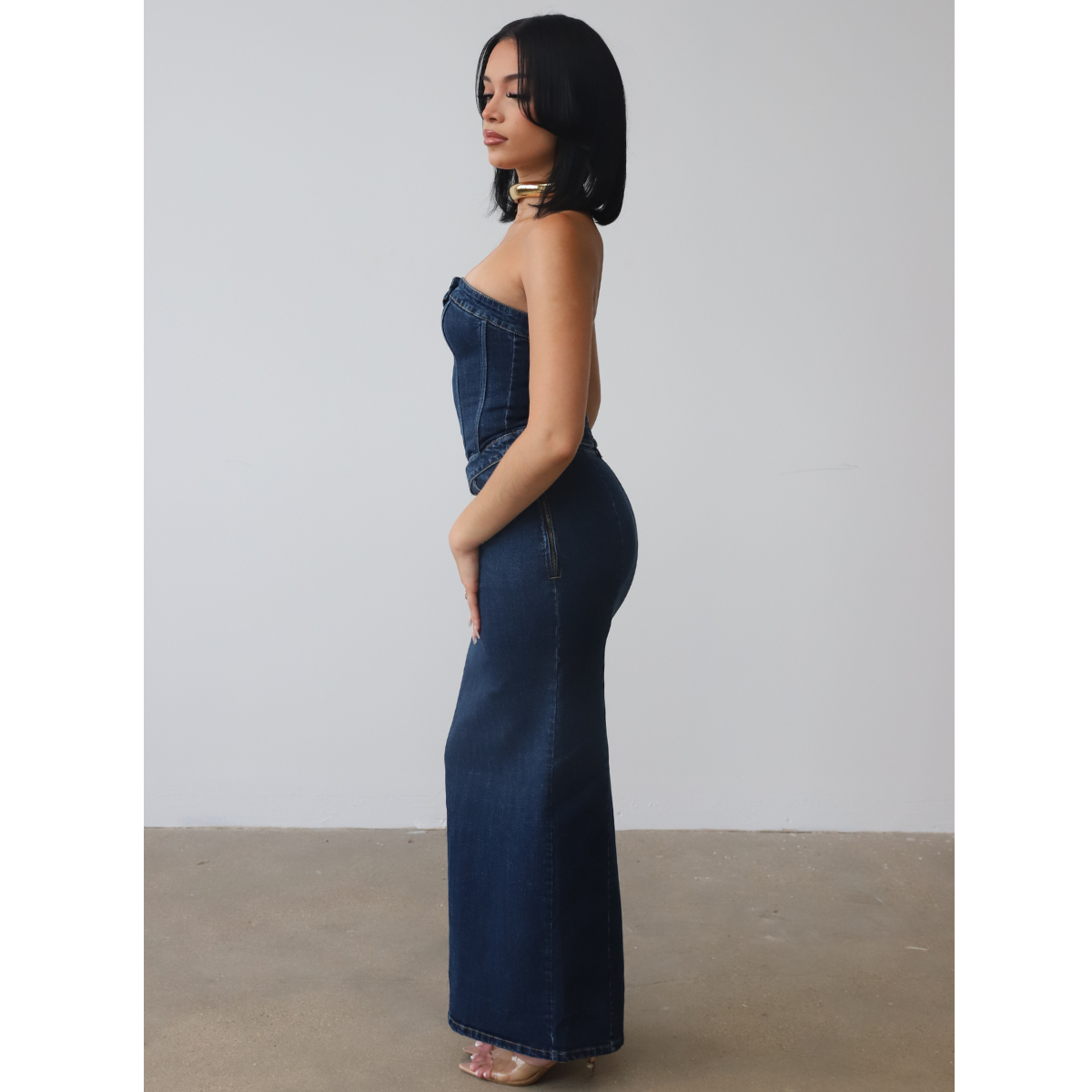 Stretch Denim Maxi Skirt and Bustier Set