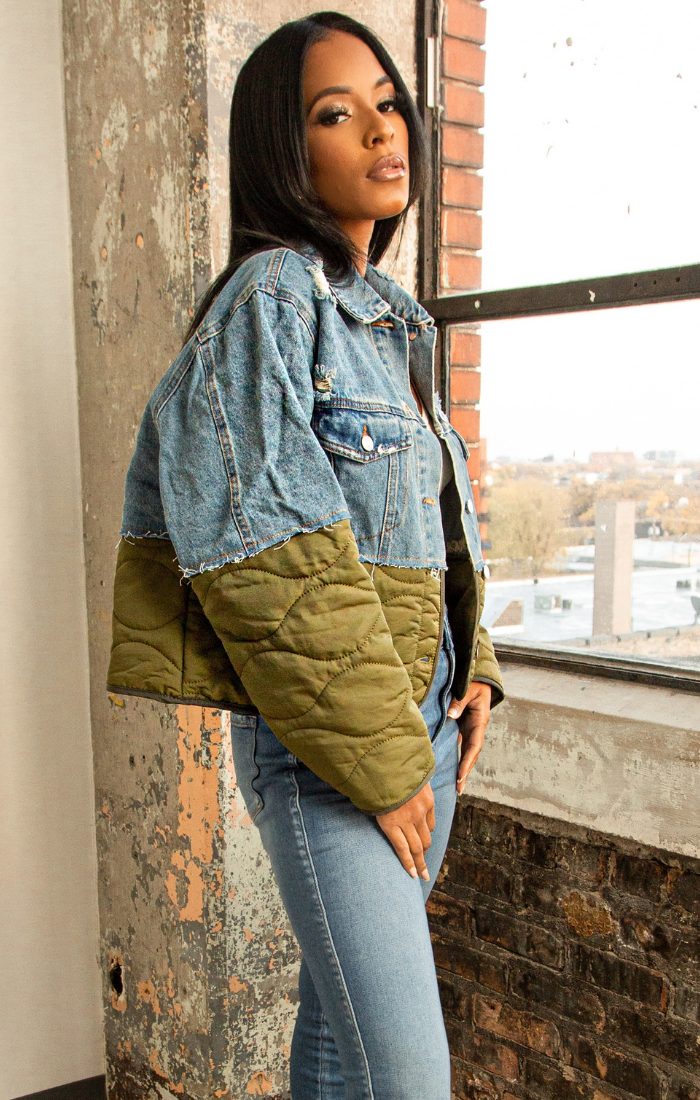MIYA I JEAN GREEN PUFFER JACKET CROP JACKET