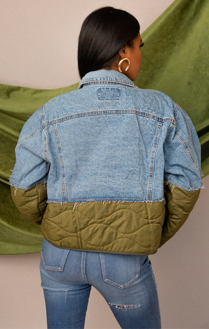 MIYA I JEAN GREEN PUFFER JACKET CROP JACKET