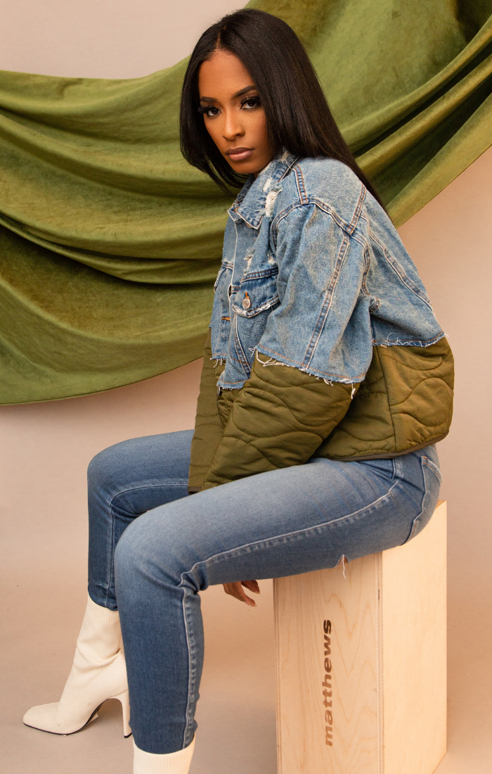MIYA I JEAN GREEN PUFFER JACKET CROP JACKET