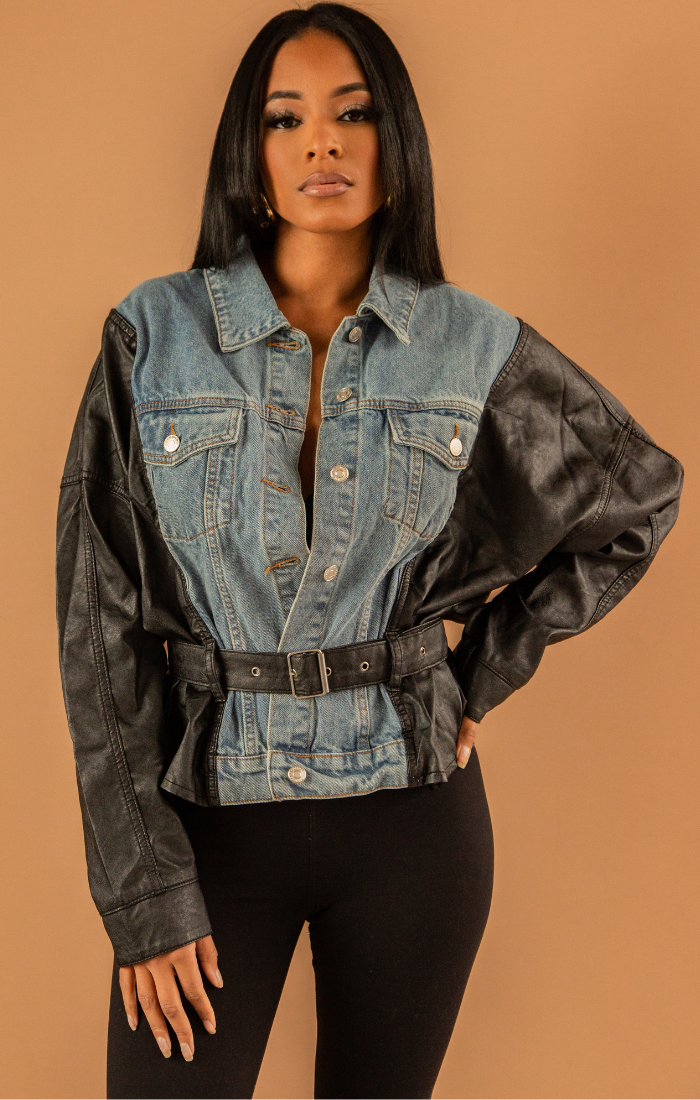 SANDI I JEAN AND VEGAN LEATHER BELTED JACKET