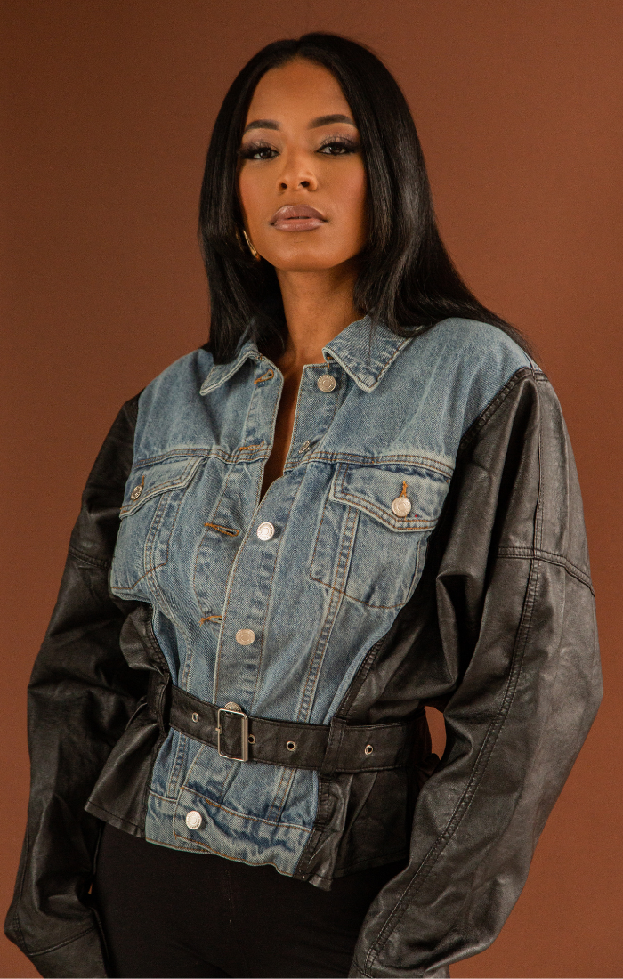 SANDI I JEAN AND VEGAN LEATHER BELTED JACKET