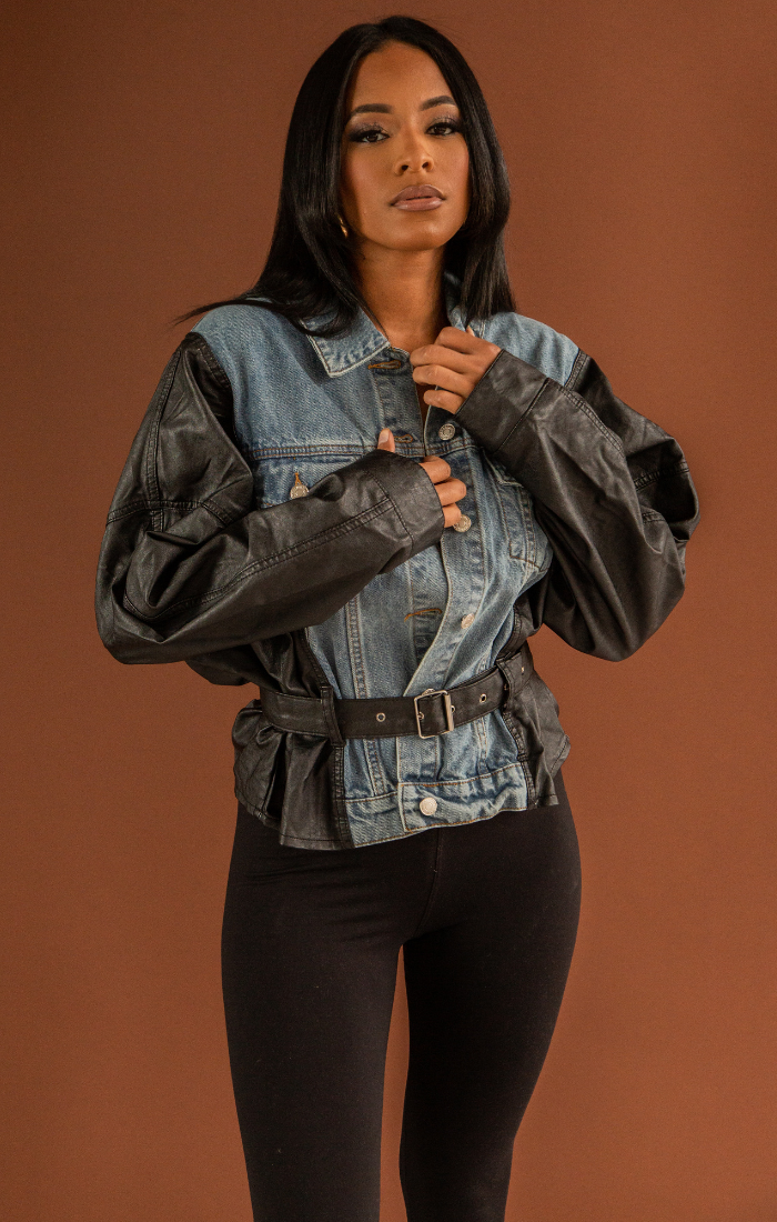 SANDI I JEAN AND VEGAN LEATHER BELTED JACKET