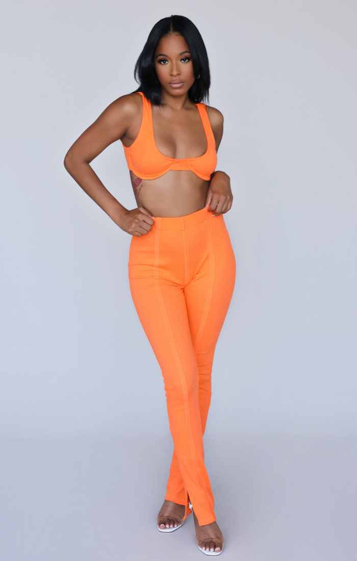 MILA I ORANGE RIBBED BRALETTE PANT SET