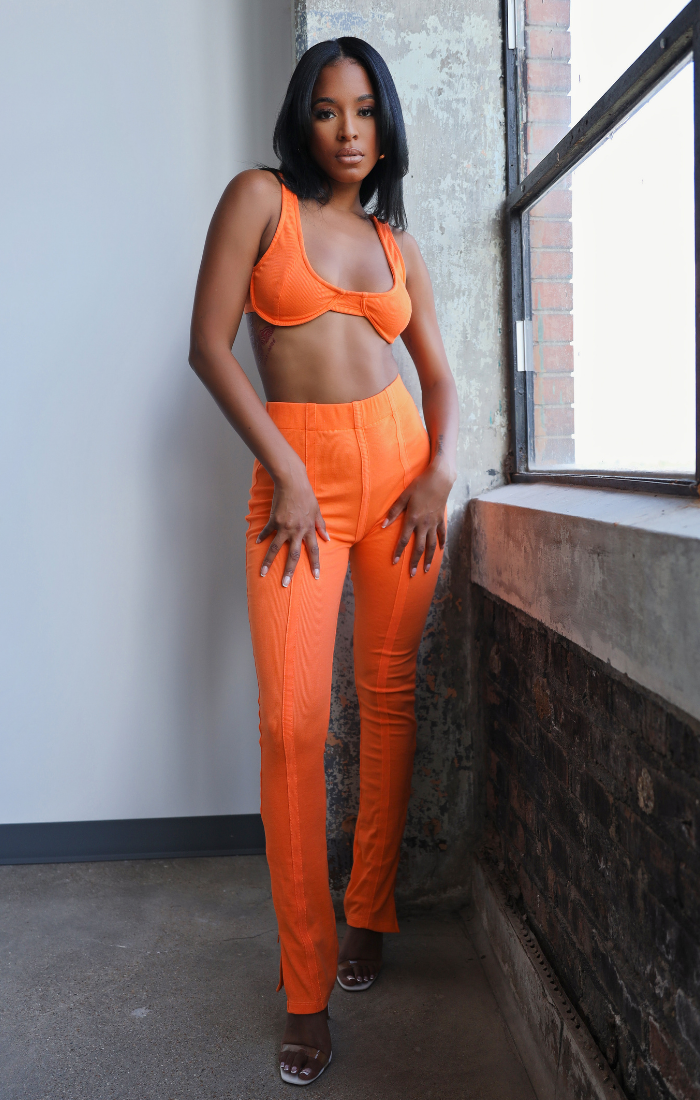 MILA I ORANGE RIBBED BRALETTE PANT SET