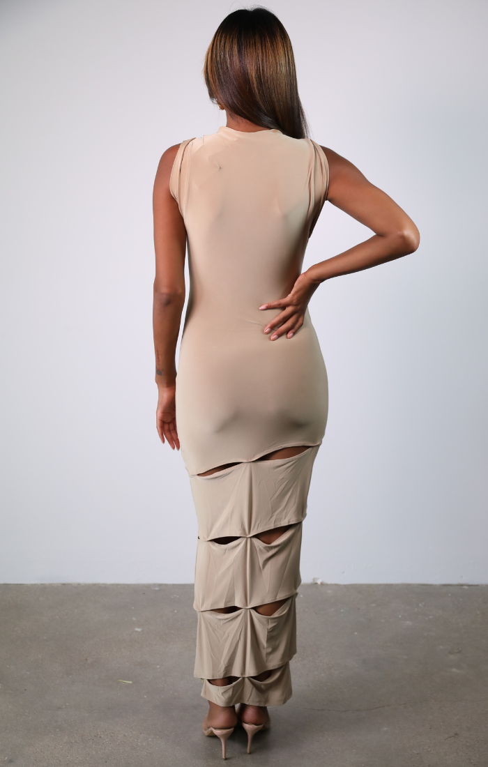 Masterpiece Ankle Maxi Dress with Drape Slits (Taupe)