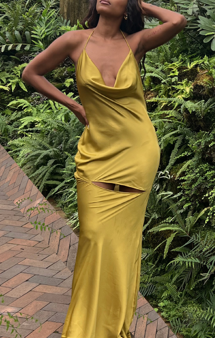 Soraya Satin Slash Slip Dress (Chartreuse)