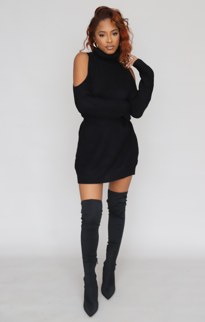 Black cold 2024 shoulder sweater dress