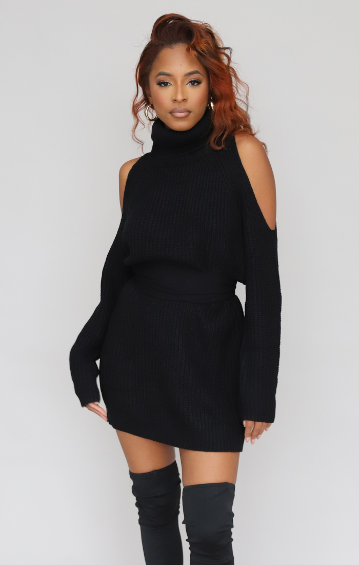 Black cold shoulder sweater dress outlet