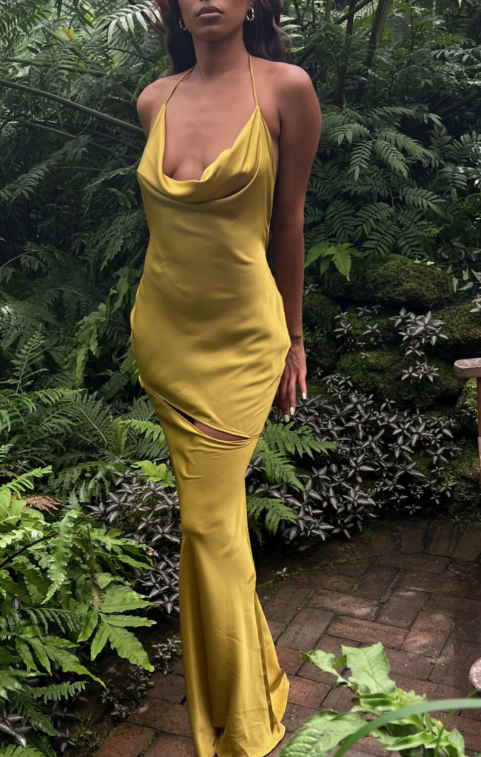 Soraya Satin Slash Slip Dress (Chartreuse)
