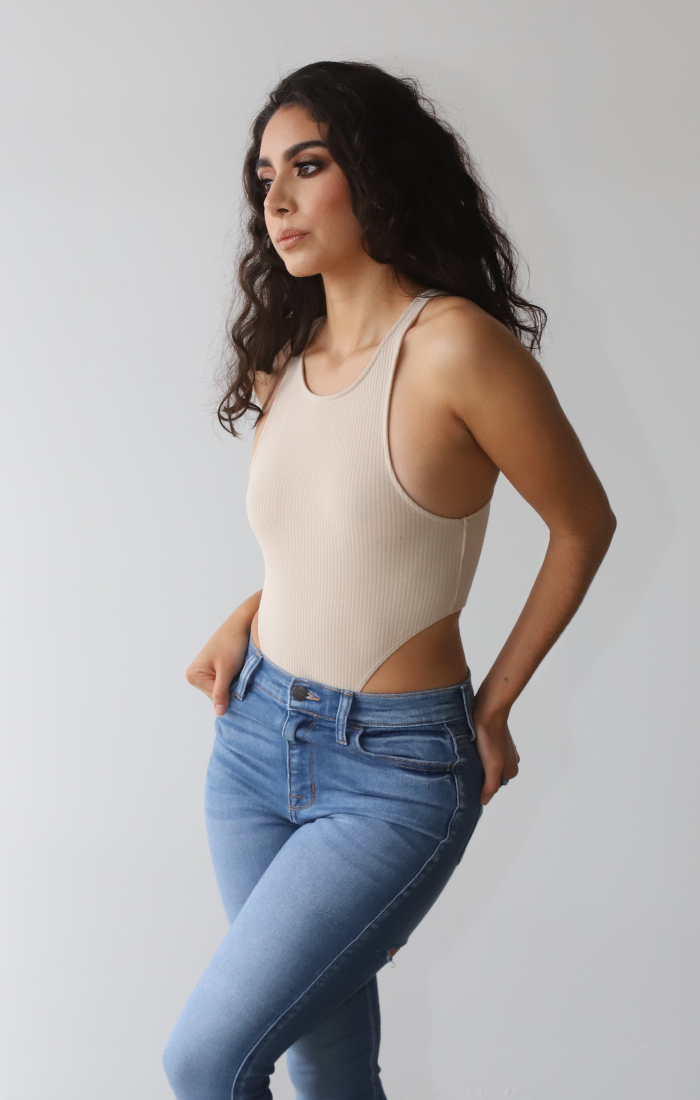 Textured Cut Out Bodysuit - Taupe