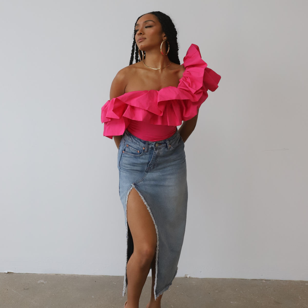 Dramatic Ruffle One Shoulder Top (Pink)