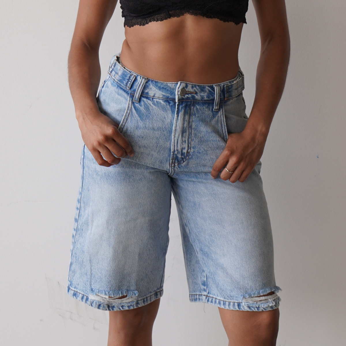 Distressed Denim Bermuda Shorts