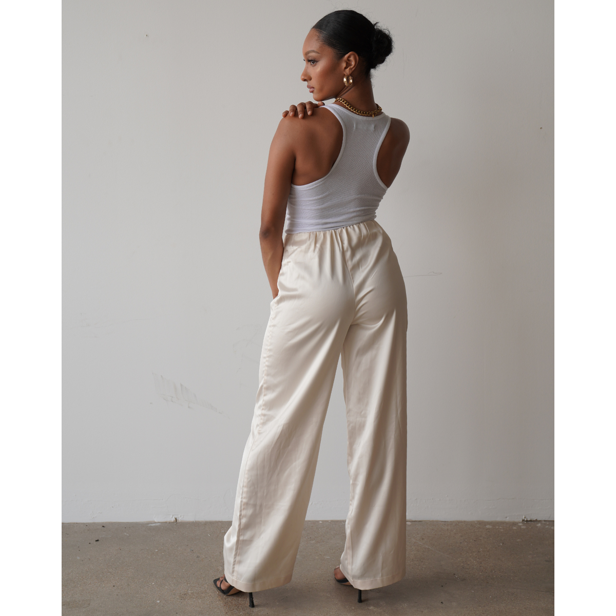 Satin Wide Leg Pants (Cream)