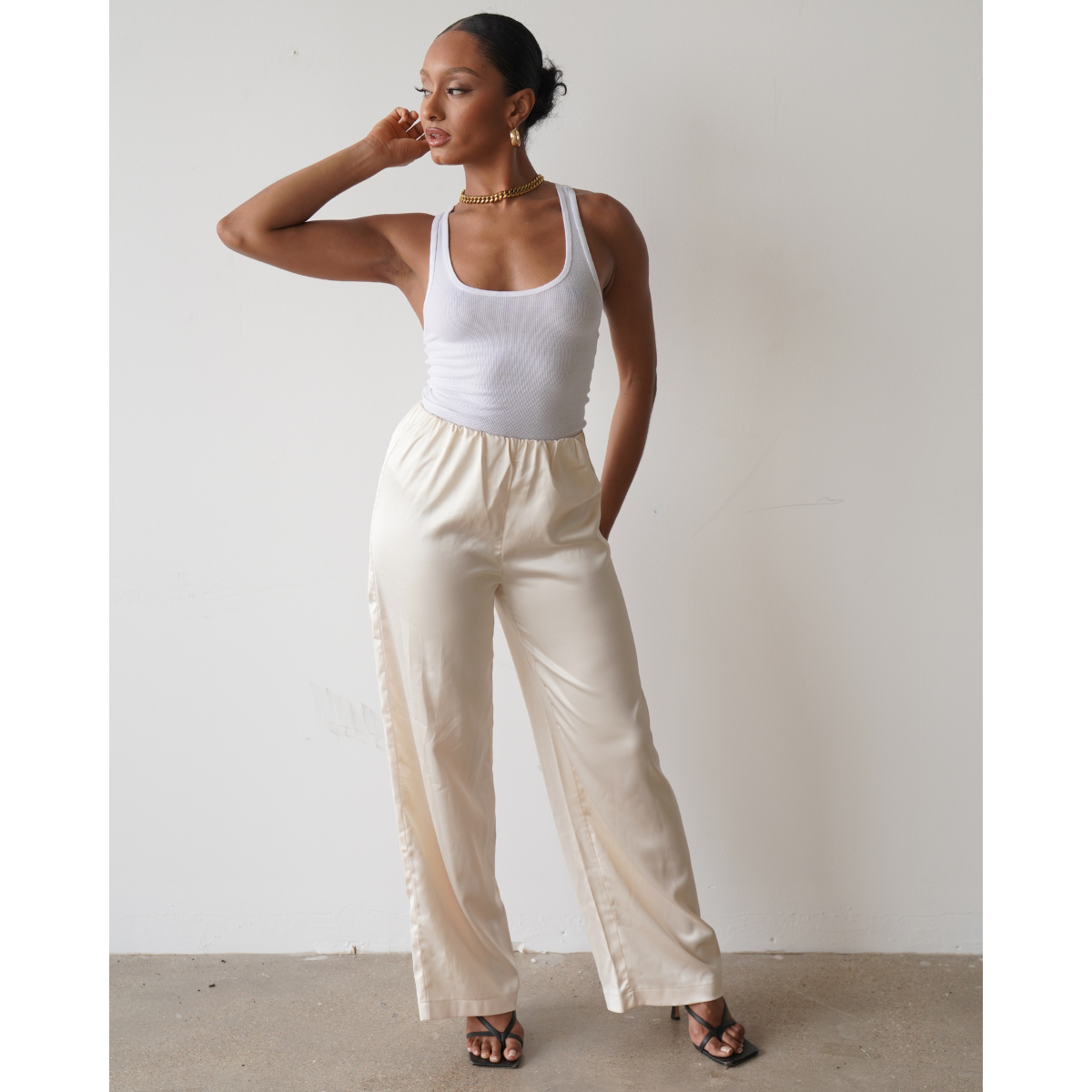 Satin Wide Leg Pants (Cream)