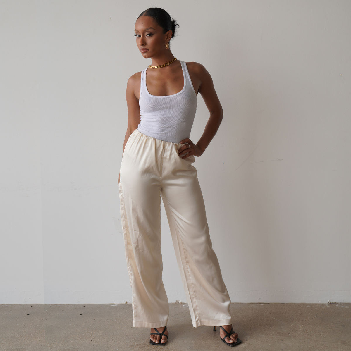 Satin Wide Leg Pants (Cream)