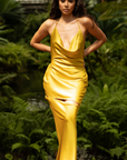 Soraya Satin Slash Slip Dress (Chartreuse)
