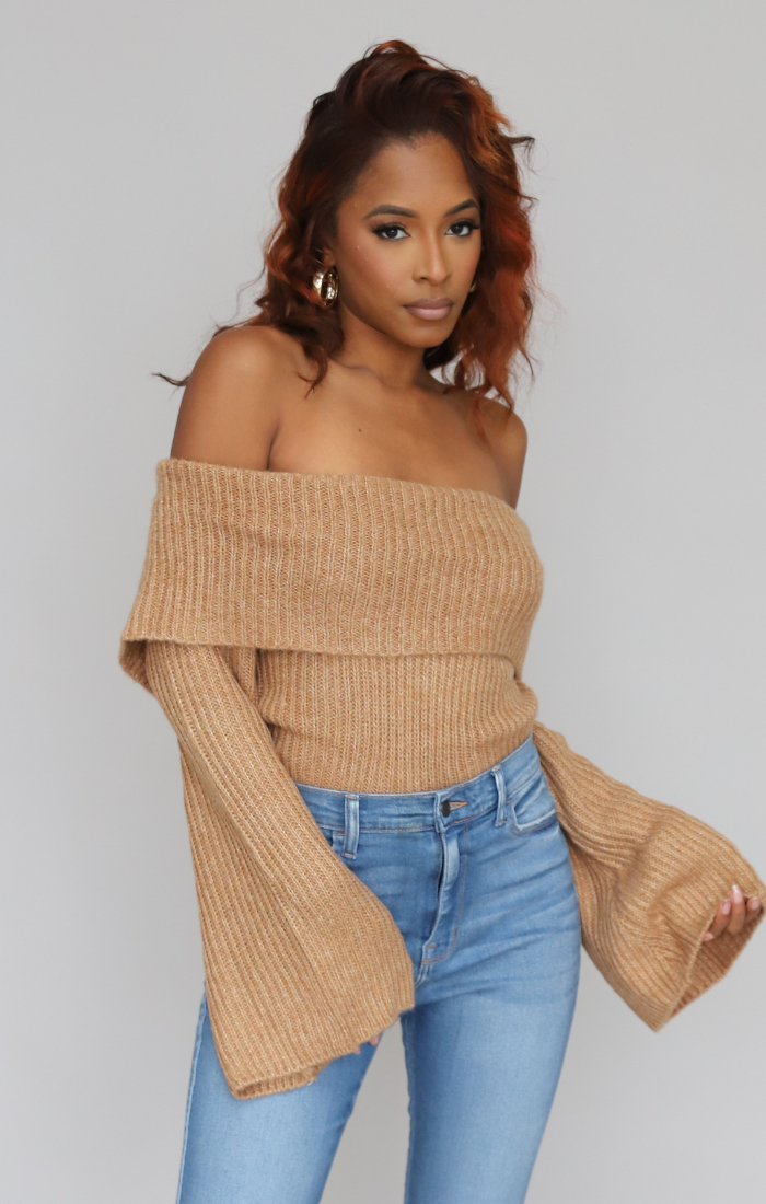 Camel off the shoulder sweater best sale