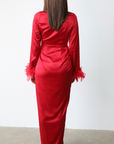 Only One Satin Long Sleeve Feather Dress (Red)