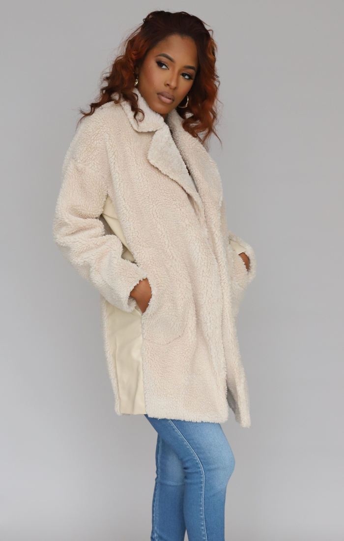 Oversized Teddy Coat with Vegan Leather Panels (Cream)