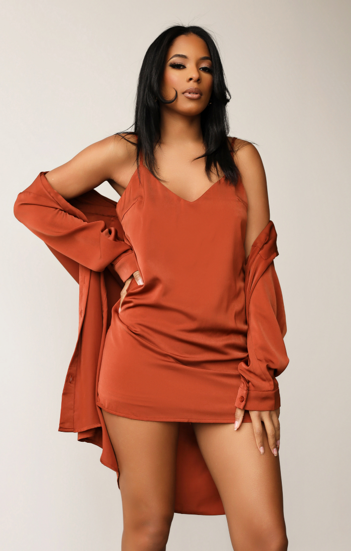 Satin Slip Dress Set (Burnt Orange)